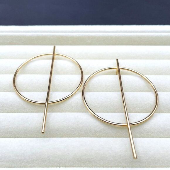 Yellow Gold Minimalistic Geometric Hoop Circle and Bar Post Back Earrings - Picture 4 of 9